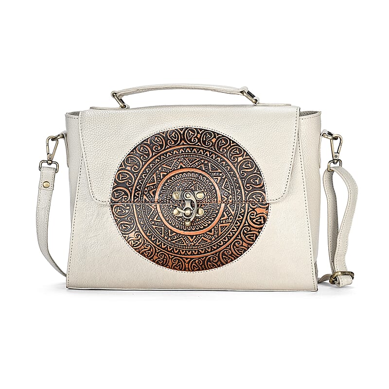 La Marey Off White Genuine Leather Tooling Handbag with Snap Lock