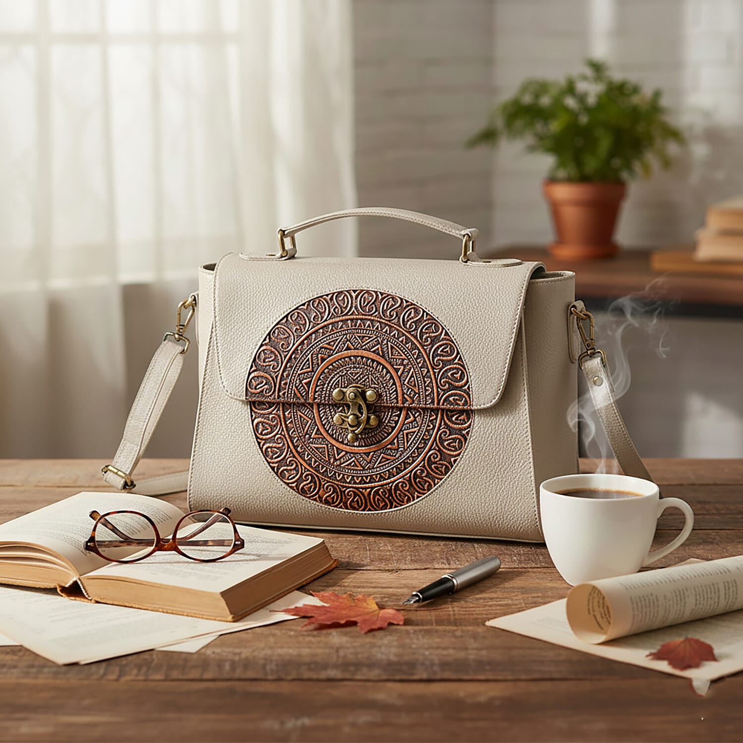 La Marey Off White Genuine Leather Tooling Handbag with Snap Lock