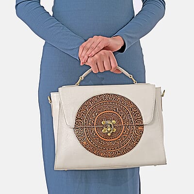 La Marey Off White Genuine Leather Tooling Handbag with Snap Lock