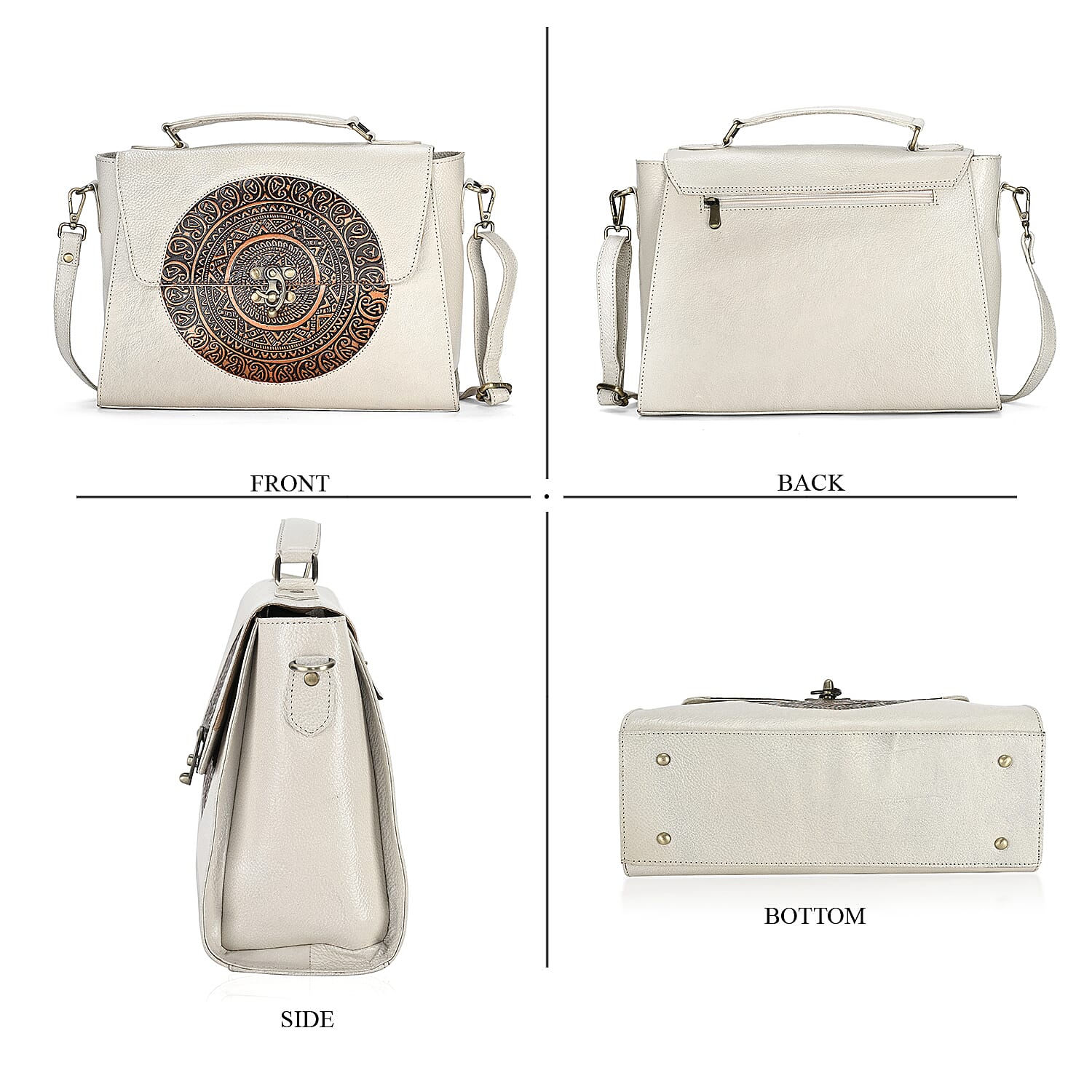 La Marey Off White Genuine Leather Tooling Handbag with Snap Lock