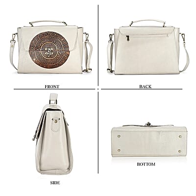 La Marey Off White Genuine Leather Tooling Handbag with Snap Lock