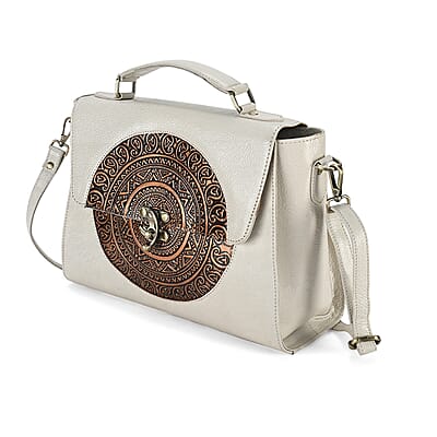 La Marey Off White Genuine Leather Tooling Handbag with Snap Lock