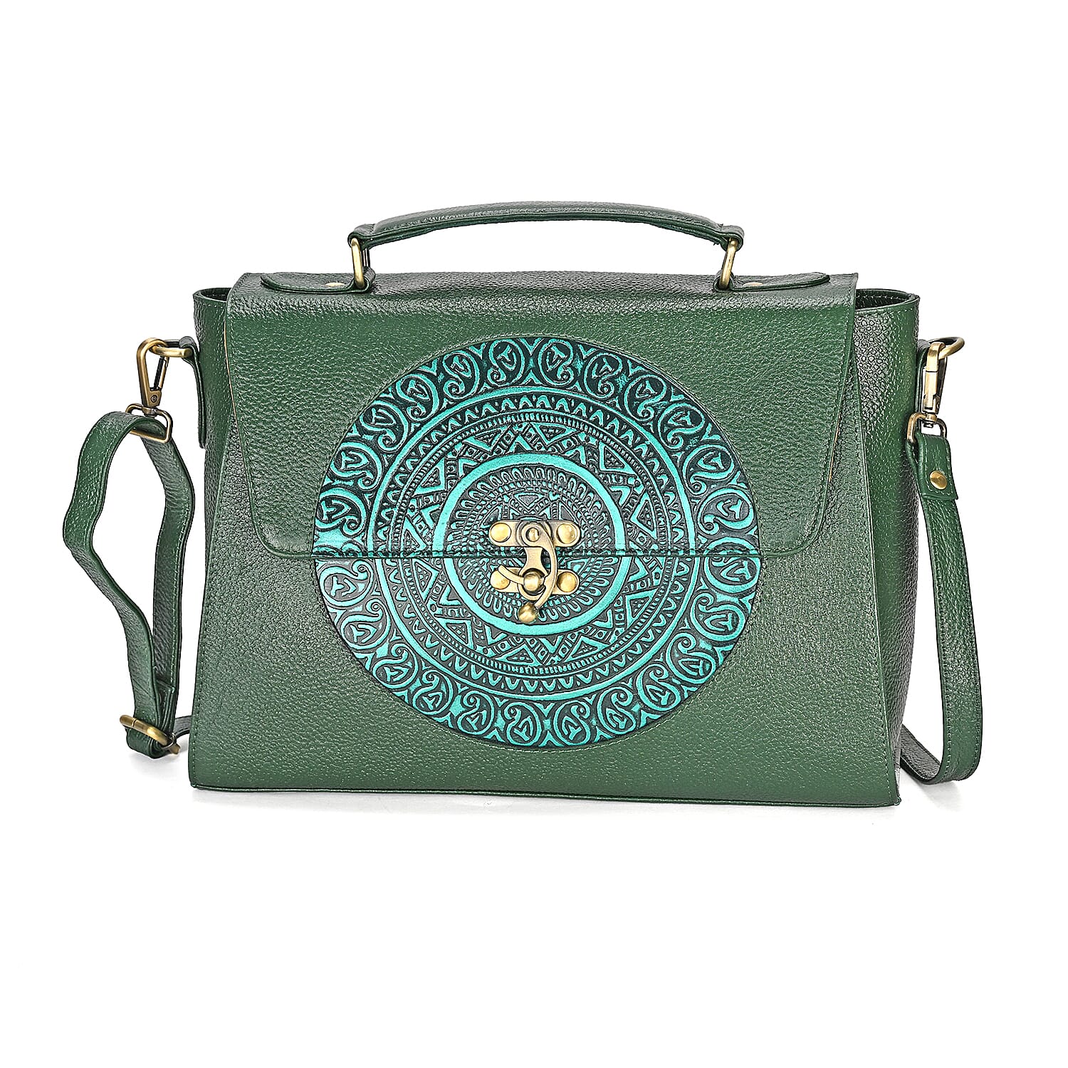 La Marey Green Genuine Leather Tooling Handbag with Snap Lock