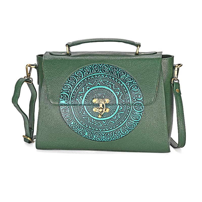 La Marey Green Genuine Leather Tooling Handbag with Snap Lock