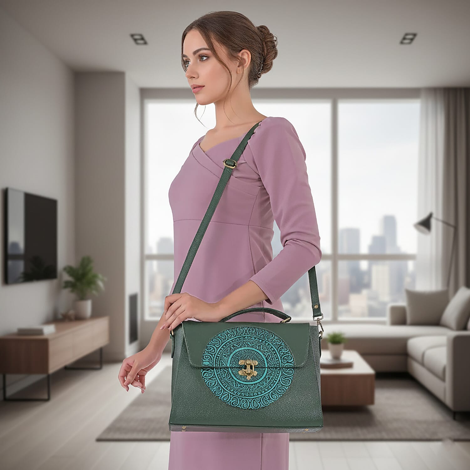 La Marey Green Genuine Leather Tooling Handbag with Snap Lock