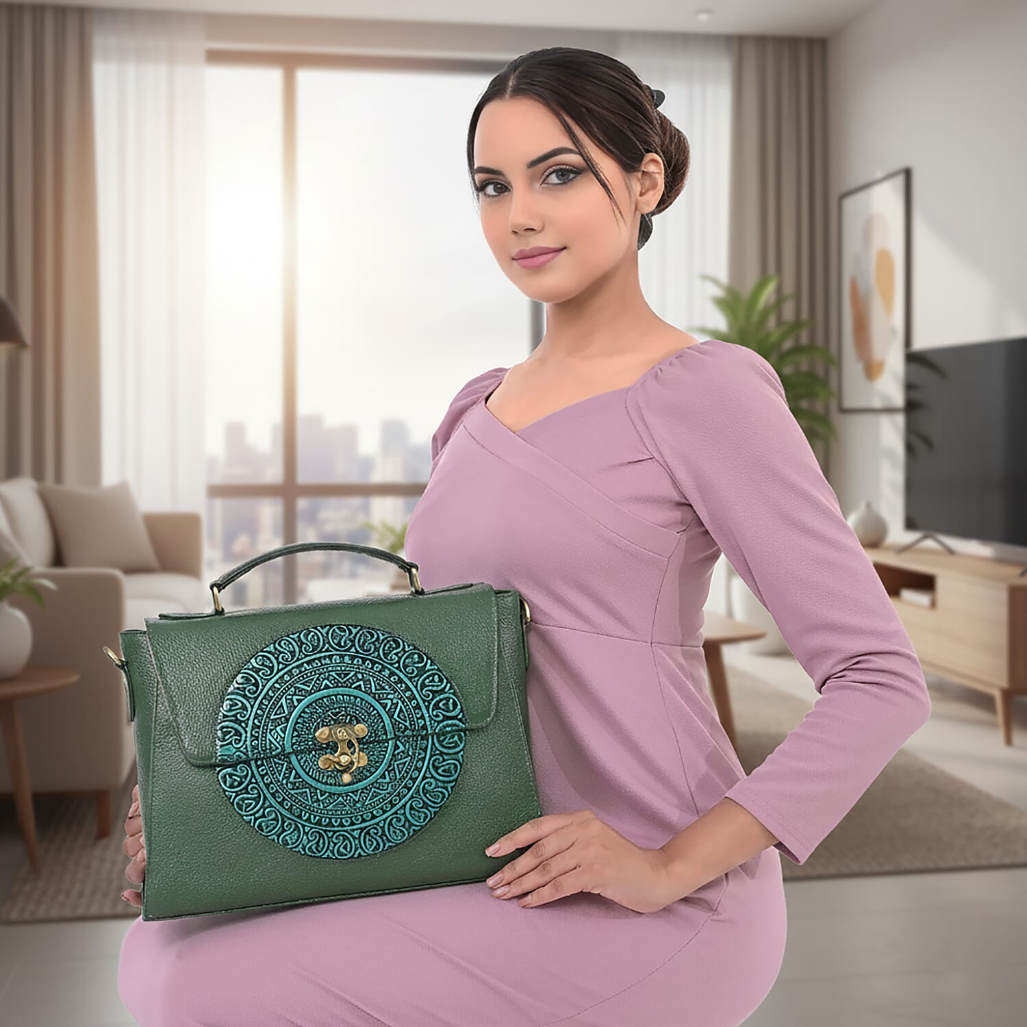 La Marey Green Genuine Leather Tooling Handbag with Snap Lock