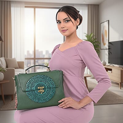 La Marey Green Genuine Leather Tooling Handbag with Snap Lock