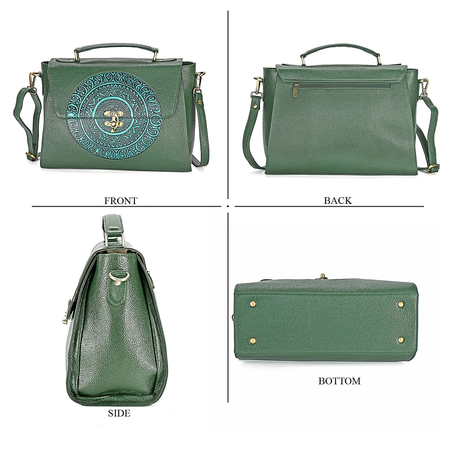 La Marey Green Genuine Leather Tooling Handbag with Snap Lock