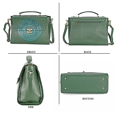 La Marey Green Genuine Leather Tooling Handbag with Snap Lock