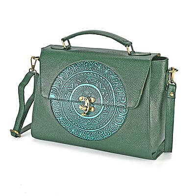 La Marey Green Genuine Leather Tooling Handbag with Snap Lock