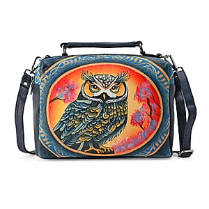 LA Marey Navy Genuine Leather Handpainted Handbag with Detachable Shoulder Strap