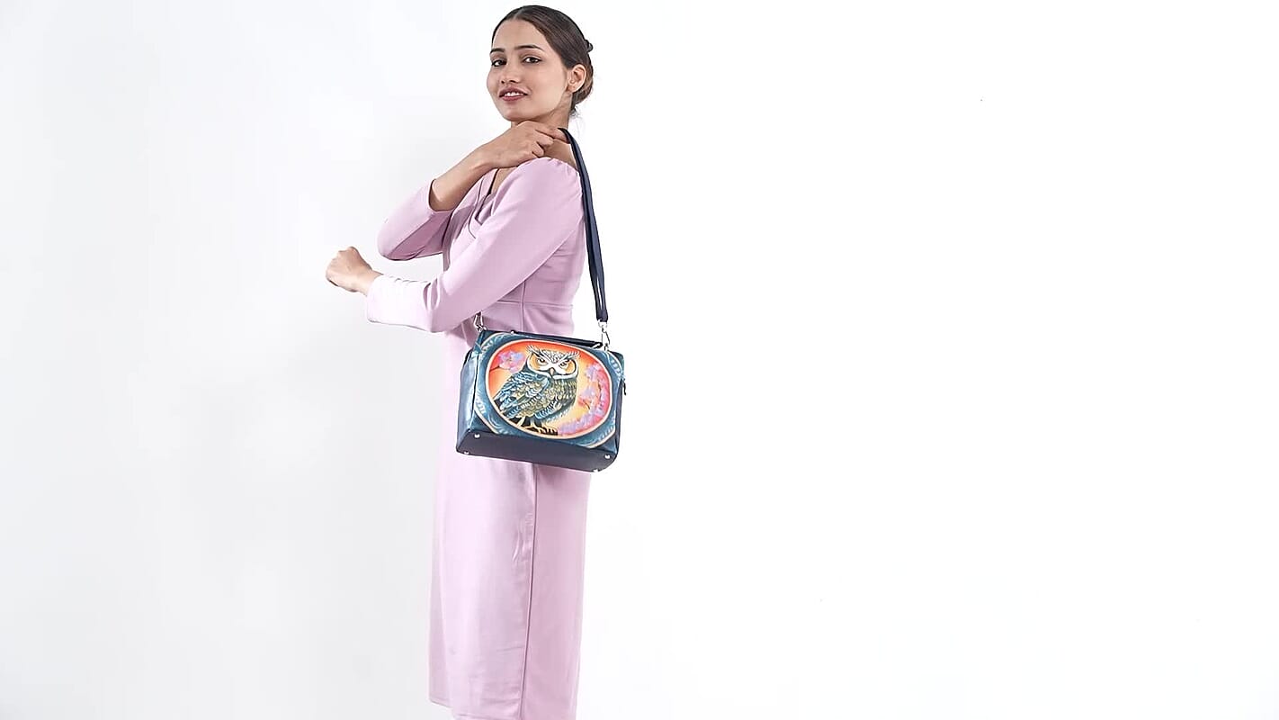 LA Marey Navy Genuine Leather Handpainted Handbag (10"x7.5"x4.5") with Detachable Shoulder Strap