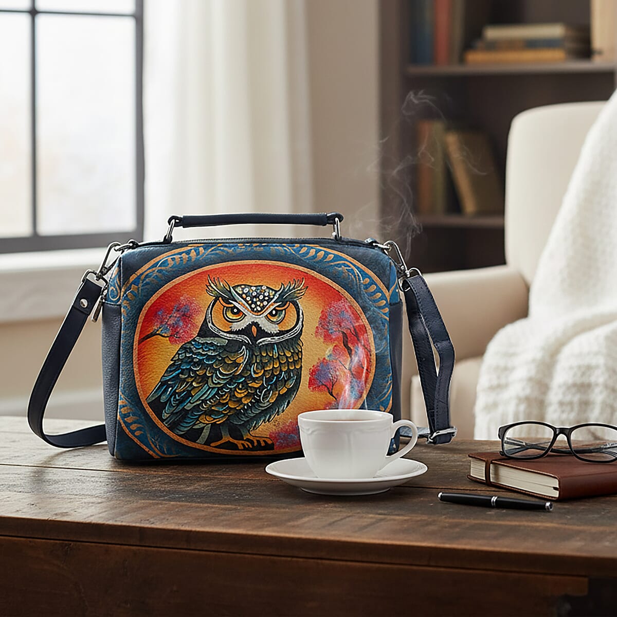 LA Marey Navy Genuine Leather Handpainted Handbag with Detachable Shoulder Strap image number 1