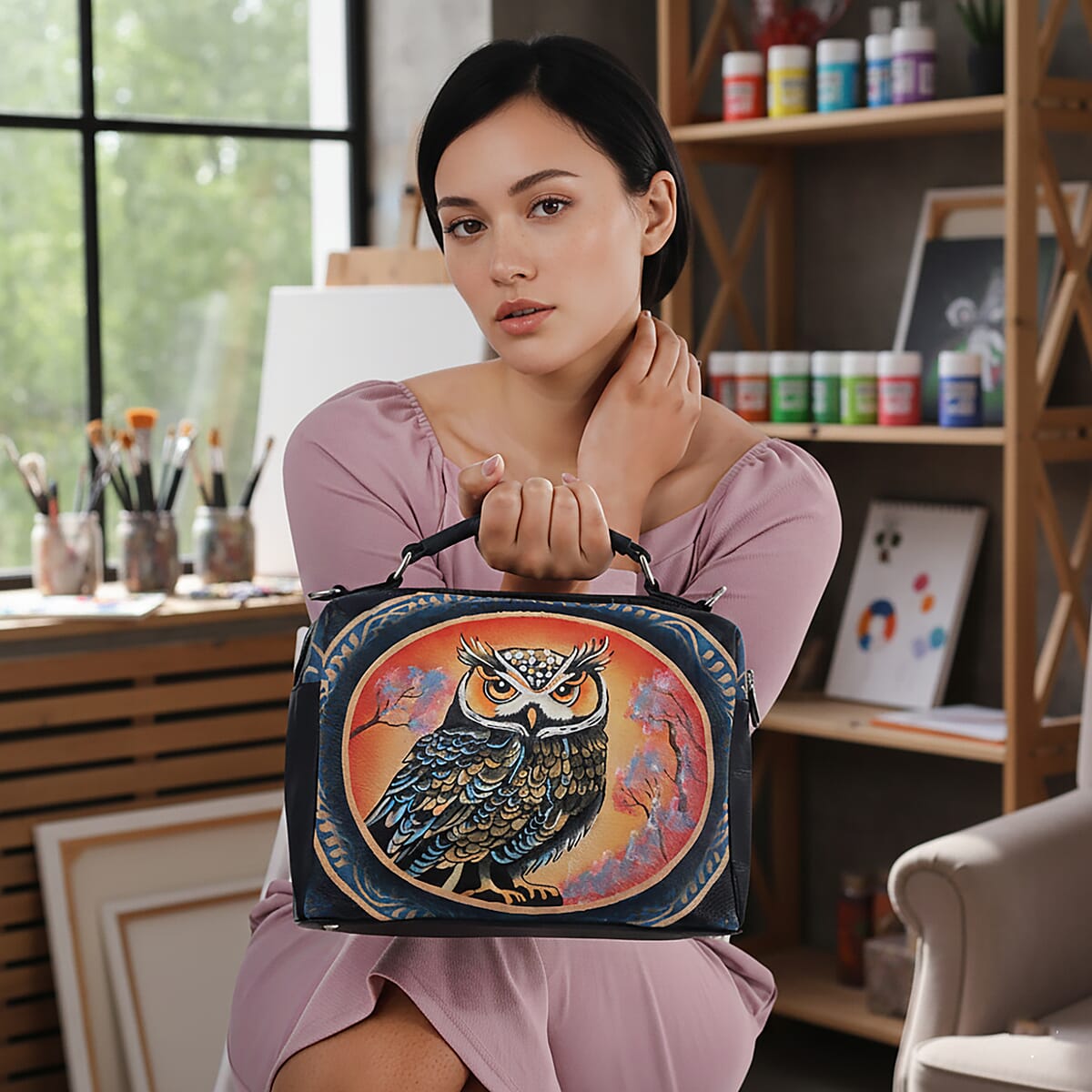 LA Marey Navy Genuine Leather Handpainted Handbag with Detachable Shoulder Strap image number 3