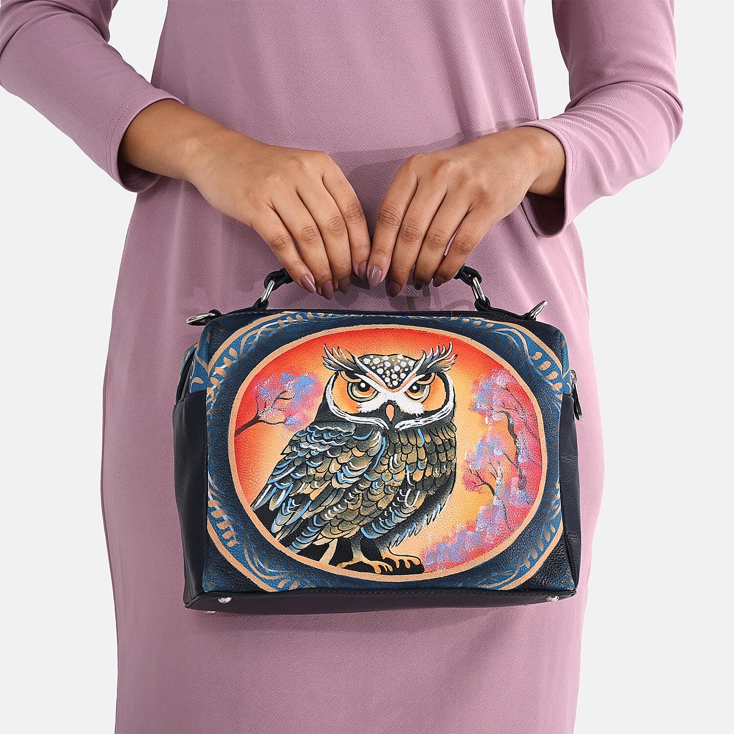 LA Marey Navy Genuine Leather Handpainted Handbag with Detachable Shoulder Strap