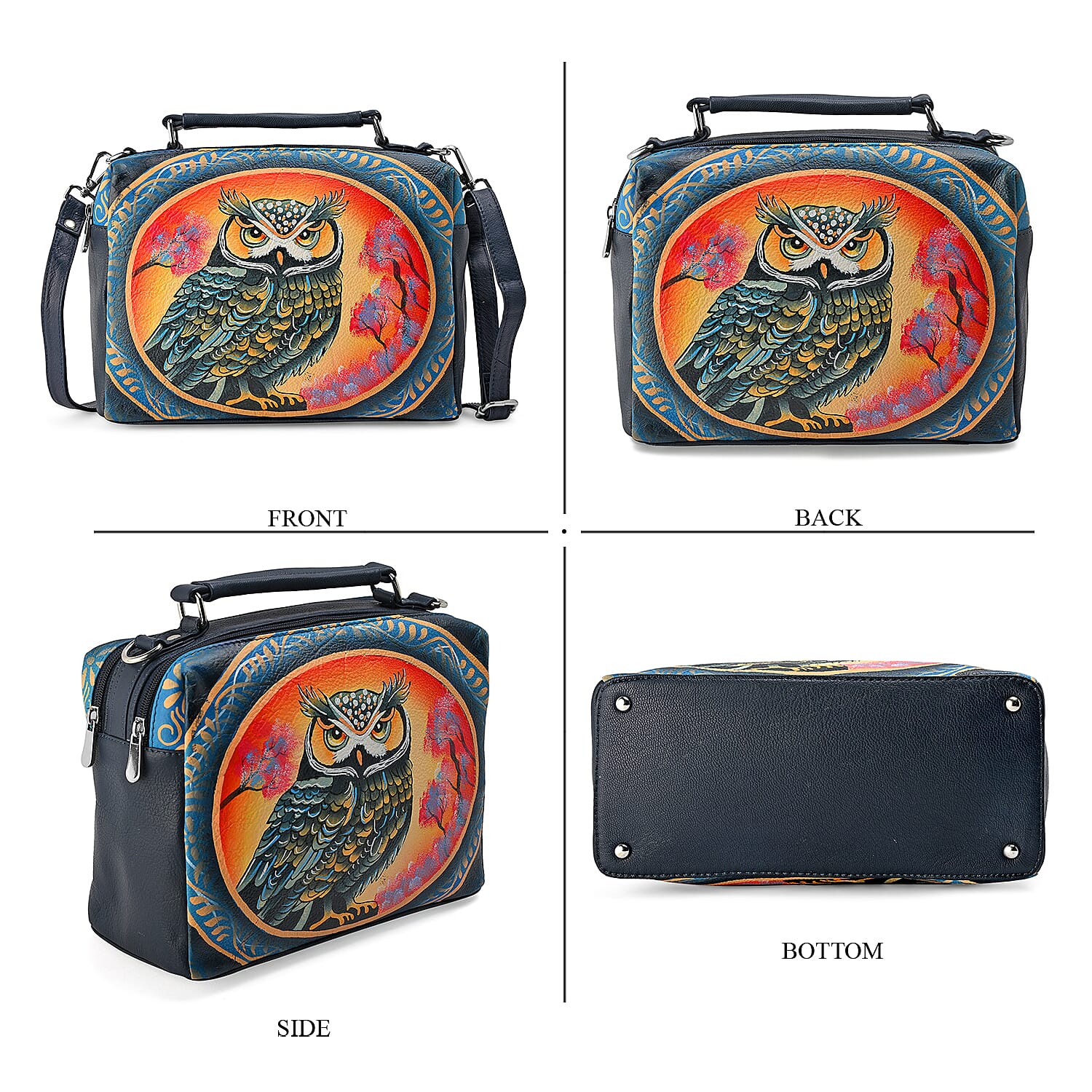 LA Marey Navy Genuine Leather Handpainted Handbag with Detachable Shoulder Strap