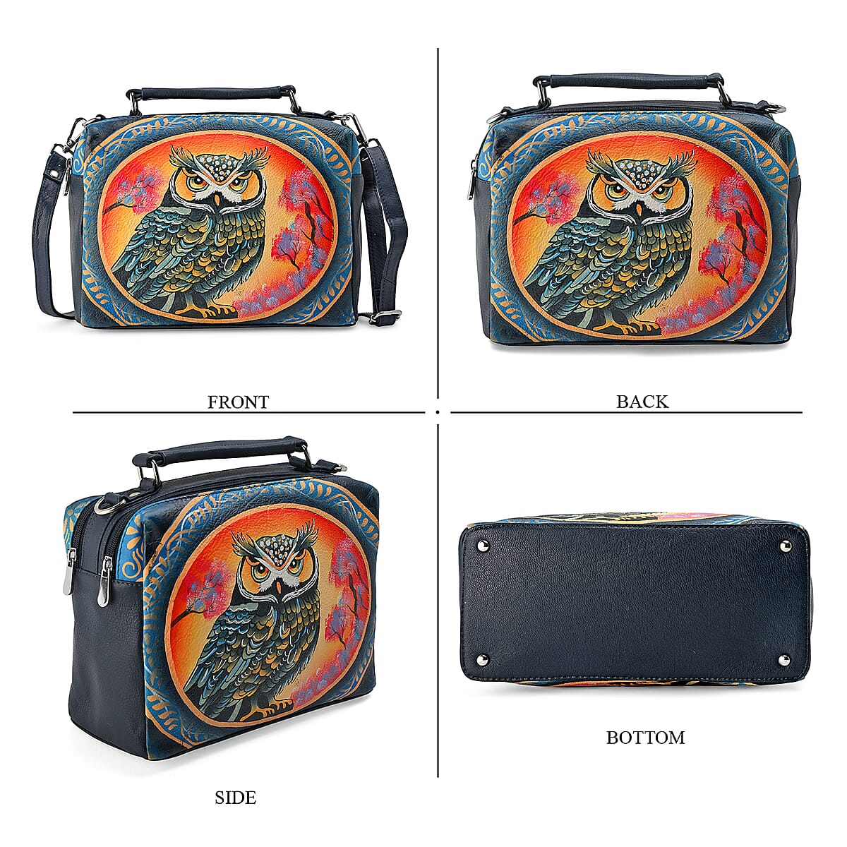 LA Marey Navy Genuine Leather Handpainted Handbag with Detachable Shoulder Strap image number 5