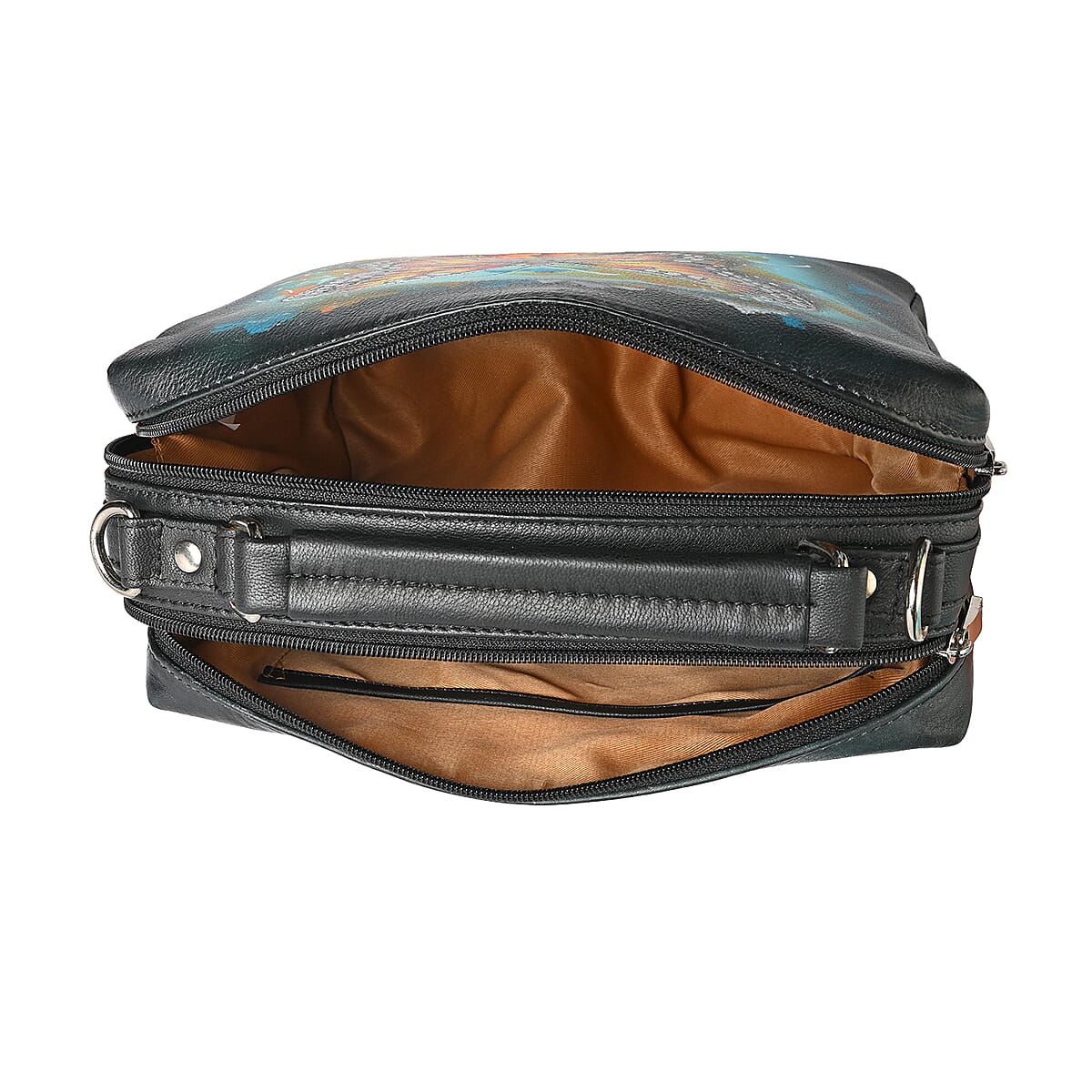 LA Marey Navy Genuine Leather Handpainted Handbag with Detachable Shoulder Strap image number 6