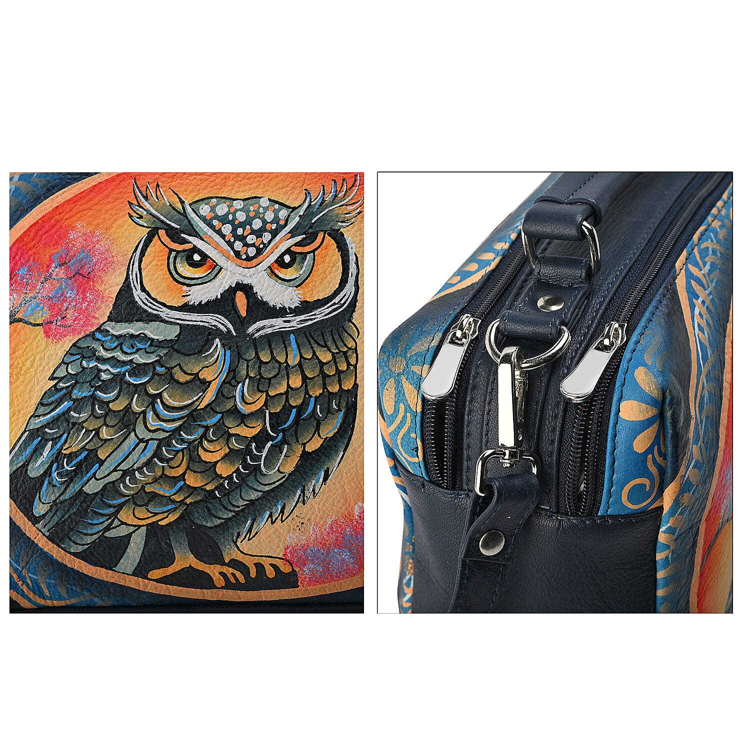 LA Marey Navy Genuine Leather Handpainted Handbag with Detachable Shoulder Strap