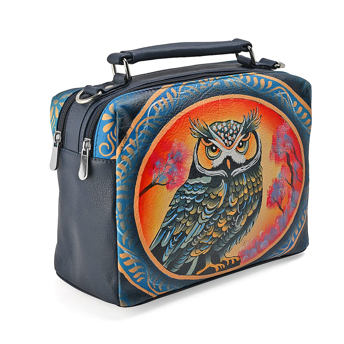 LA Marey Navy Genuine Leather Handpainted Handbag with Detachable Shoulder Strap image number 8