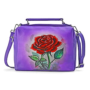 LA Marey Purple Genuine Leather Handpainted Handbag with Detachable Shoulder Strap