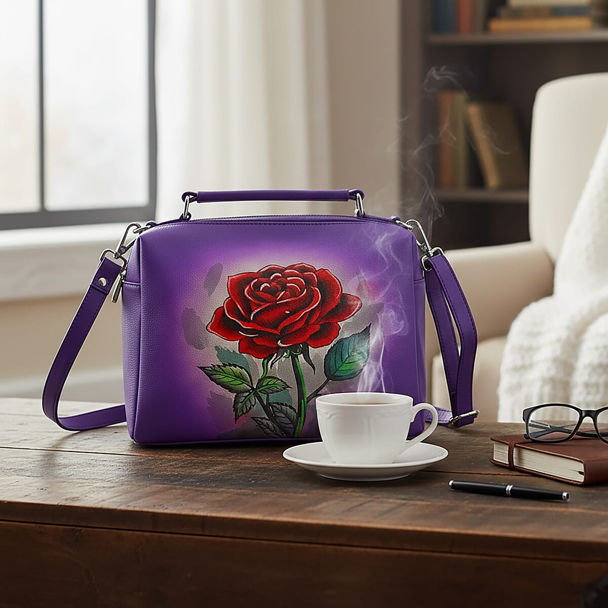 LA Marey Purple Genuine Leather Handpainted Handbag with Detachable Shoulder Strap image number 1