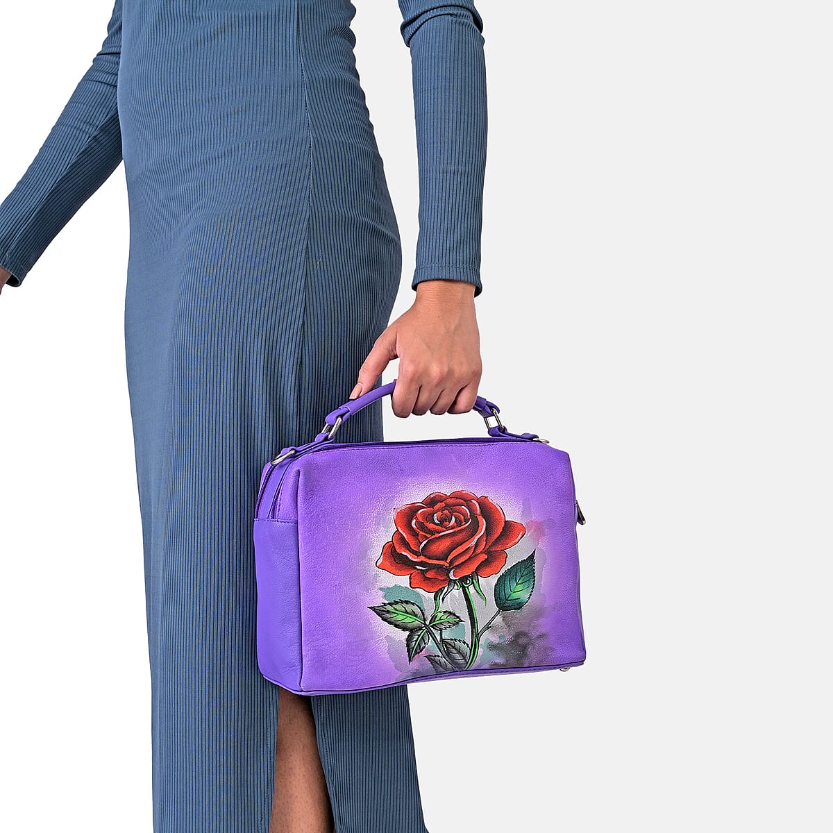 LA Marey Purple Genuine Leather Handpainted Handbag with Detachable Shoulder Strap image number 3