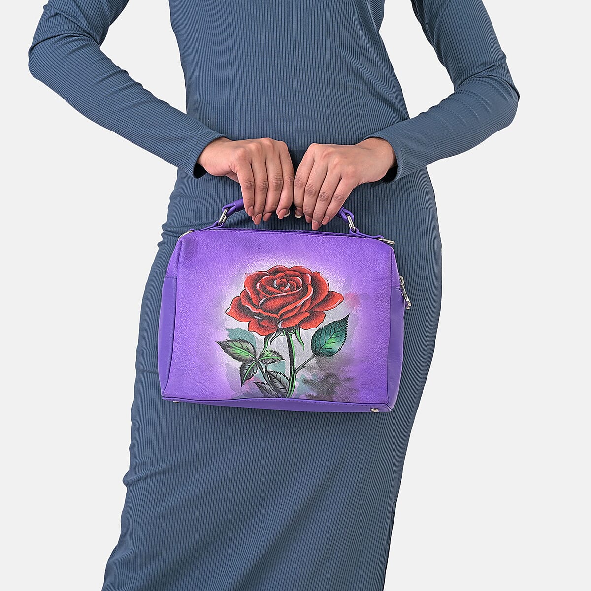LA Marey Purple Genuine Leather Handpainted Handbag with Detachable Shoulder Strap image number 4
