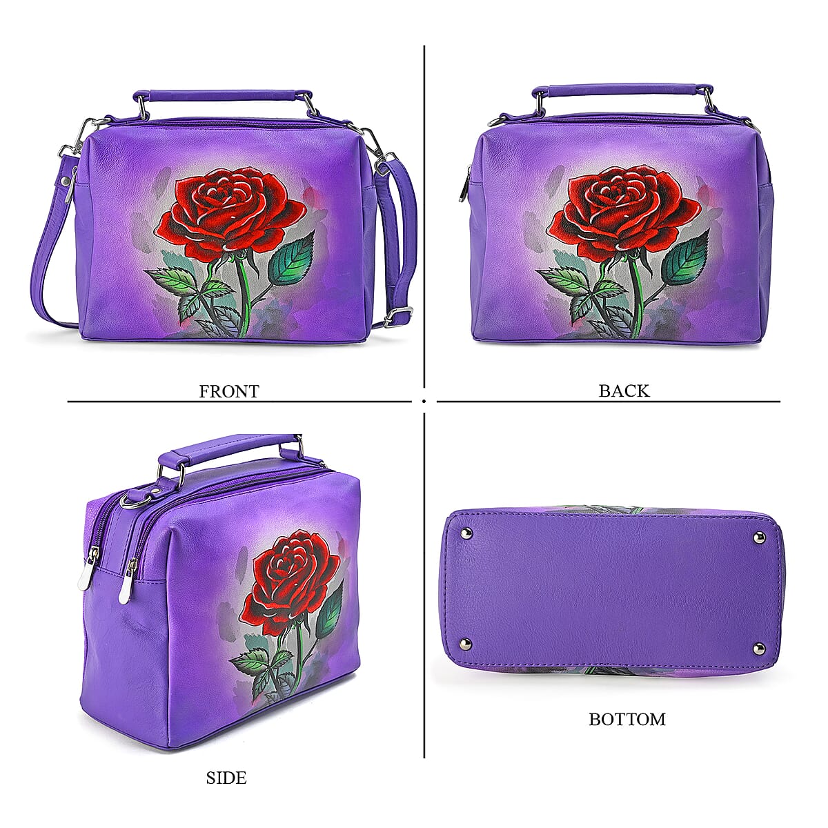 LA Marey Purple Genuine Leather Handpainted Handbag with Detachable Shoulder Strap image number 5