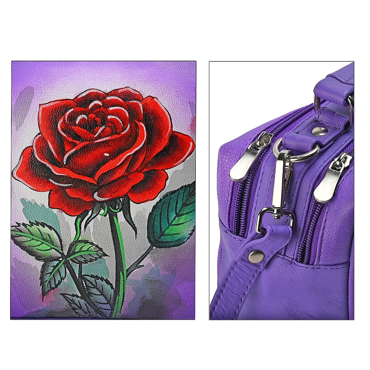 LA Marey Purple Genuine Leather Handpainted Handbag with Detachable Shoulder Strap image number 7