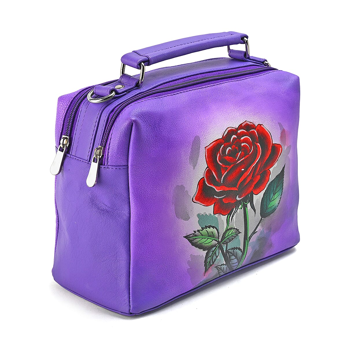 LA Marey Purple Genuine Leather Handpainted Handbag with Detachable Shoulder Strap image number 8