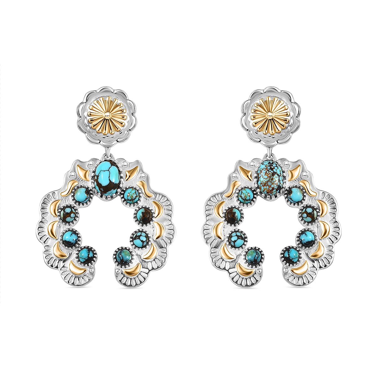 D'Joy Artisan Crafted Sleeping Beauty Turquoise 3.65 ctw Native American Concho Earrings in 18K YG and Rhodium Over Sterling Silver image number 0
