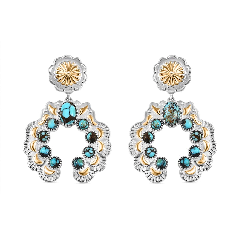 D'Joy Artisan Crafted Sleeping Beauty Turquoise 3.65 ctw Native American Concho Earrings in 18K YG and Rhodium Over Sterling Silver