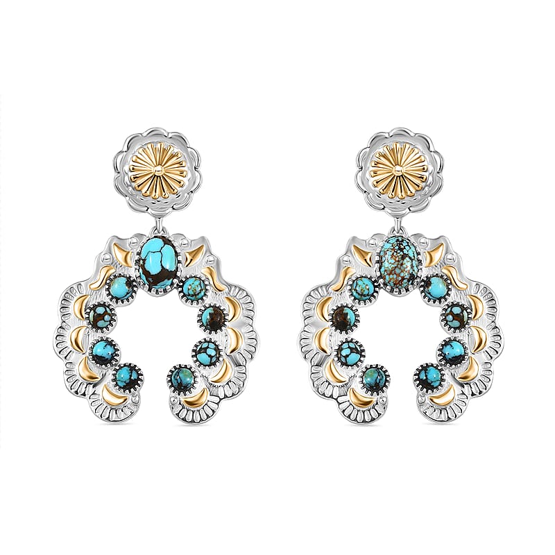 D'Joy Artisan Crafted Sleeping Beauty Turquoise 3.65 ctw Native American Concho Earrings in 18K YG and Rhodium Over Sterling Silver