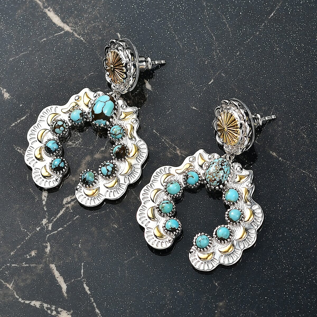 D'Joy Artisan Crafted Sleeping Beauty Turquoise 3.65 ctw Native American Concho Earrings in 18K YG and Rhodium Over Sterling Silver image number 1
