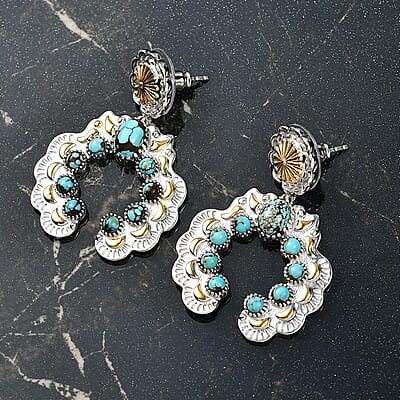 D'Joy Artisan Crafted Sleeping Beauty Turquoise 3.65 ctw Native American Concho Earrings in 18K YG and Rhodium Over Sterling Silver