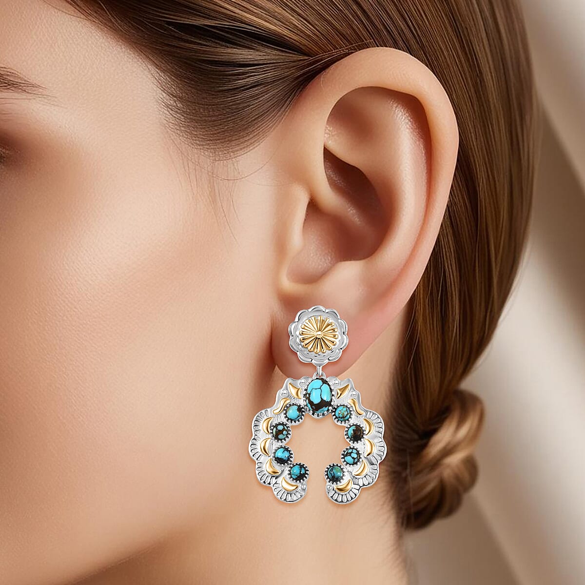 D'Joy Artisan Crafted Sleeping Beauty Turquoise 3.65 ctw Native American Concho Earrings in 18K YG and Rhodium Over Sterling Silver image number 2