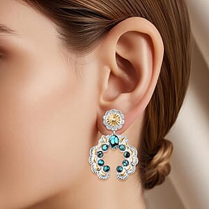 D'Joy Artisan Crafted Sleeping Beauty Turquoise 3.65 ctw Native American Concho Earrings in 18K YG and Rhodium Over Sterling Silver