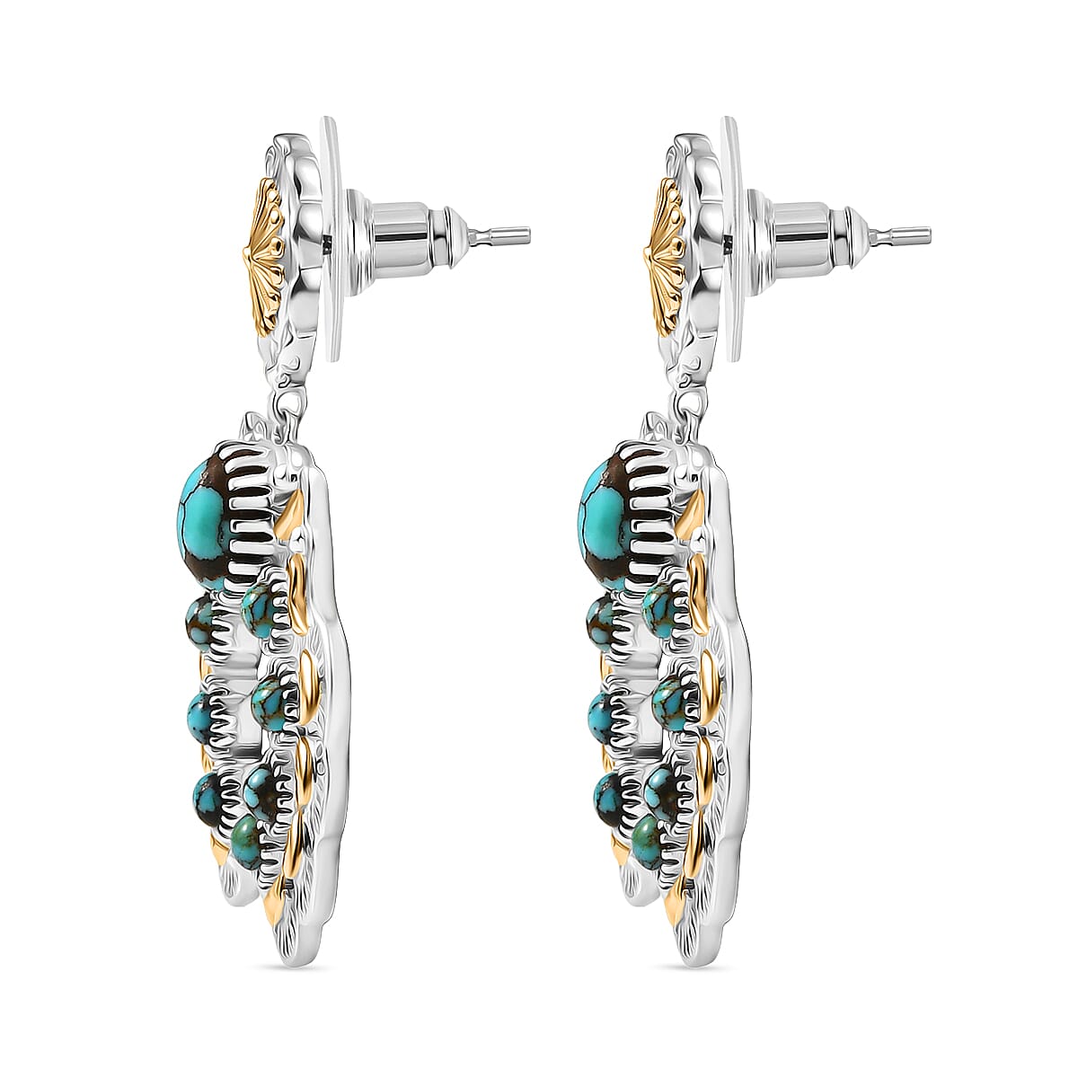 D'Joy Artisan Crafted Sleeping Beauty Turquoise 3.65 ctw Native American Concho Earrings in 18K YG and Rhodium Over Sterling Silver image number 3