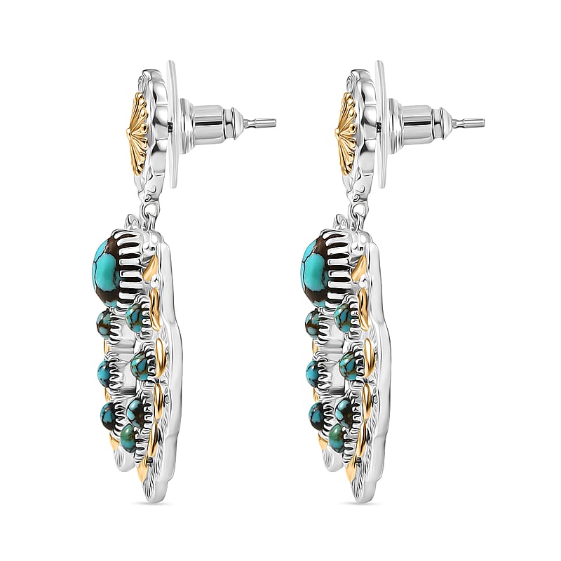 D'Joy Artisan Crafted Sleeping Beauty Turquoise 3.65 ctw Native American Concho Earrings in 18K YG and Rhodium Over Sterling Silver