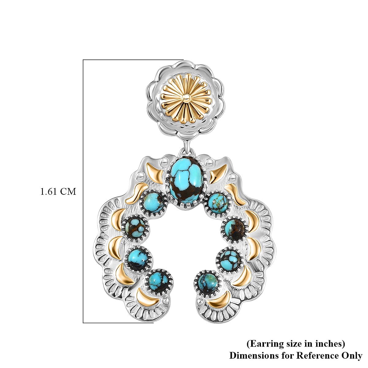 D'Joy Artisan Crafted Sleeping Beauty Turquoise 3.65 ctw Native American Concho Earrings in 18K YG and Rhodium Over Sterling Silver image number 5