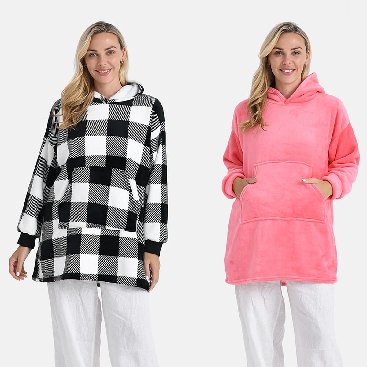 Tamsy Set of 2 Pink Solid and Black Plaid Pattern, Fleece Hoodie Sweater Blanket with Kangaroo Pocket image number 0