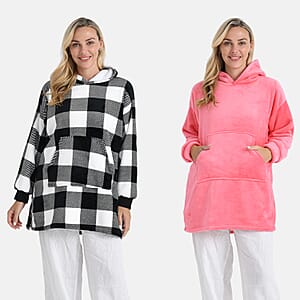 Tamsy Set of 2 Pink Solid and Black Plaid Pattern, Fleece Hoodie Sweater Blanket with Kangaroo Pocket