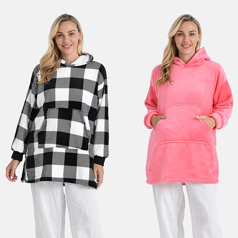Tamsy Set of 2 Pink Solid and Black Plaid Pattern, Fleece Hoodie Sweater Blanket with Kangaroo Pocket