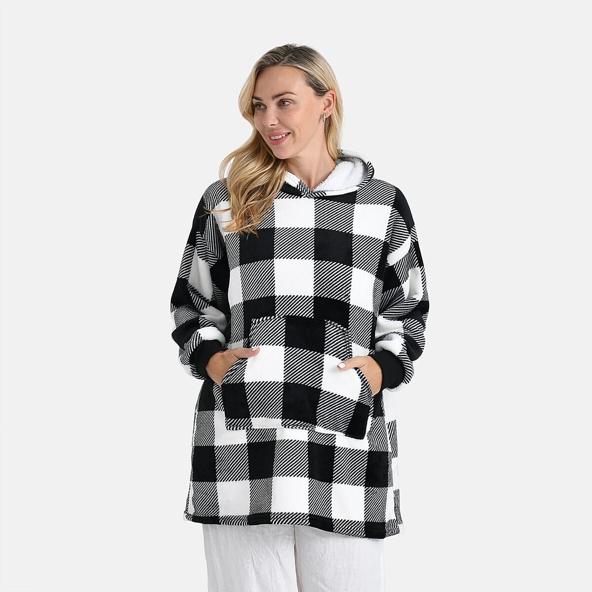 Tamsy Set of 2 Pink Solid and Black Plaid Pattern, Fleece Hoodie Sweater Blanket with Kangaroo Pocket image number 1