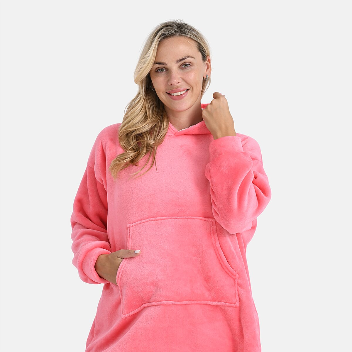 Tamsy Set of 2 Pink Solid and Black Plaid Pattern, Fleece Hoodie Sweater Blanket with Kangaroo Pocket image number 2