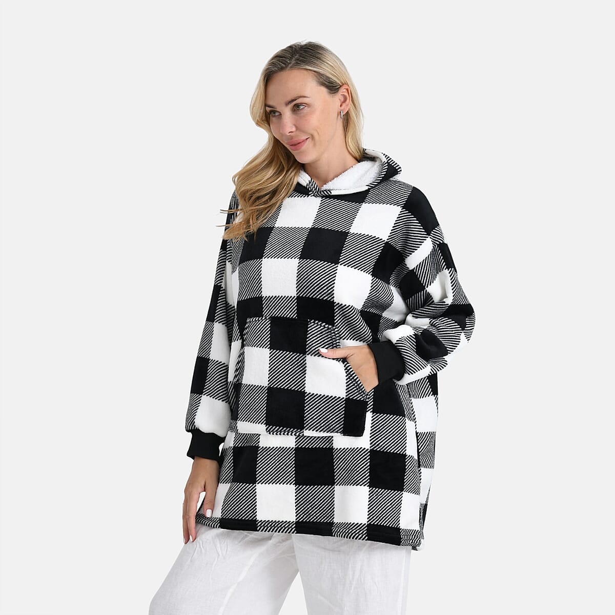 Tamsy Set of 2 Pink Solid and Black Plaid Pattern, Fleece Hoodie Sweater Blanket with Kangaroo Pocket image number 4