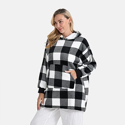 Tamsy Set of 2 Pink Solid and Black Plaid Pattern, Fleece Hoodie Sweater Blanket with Kangaroo Pocket