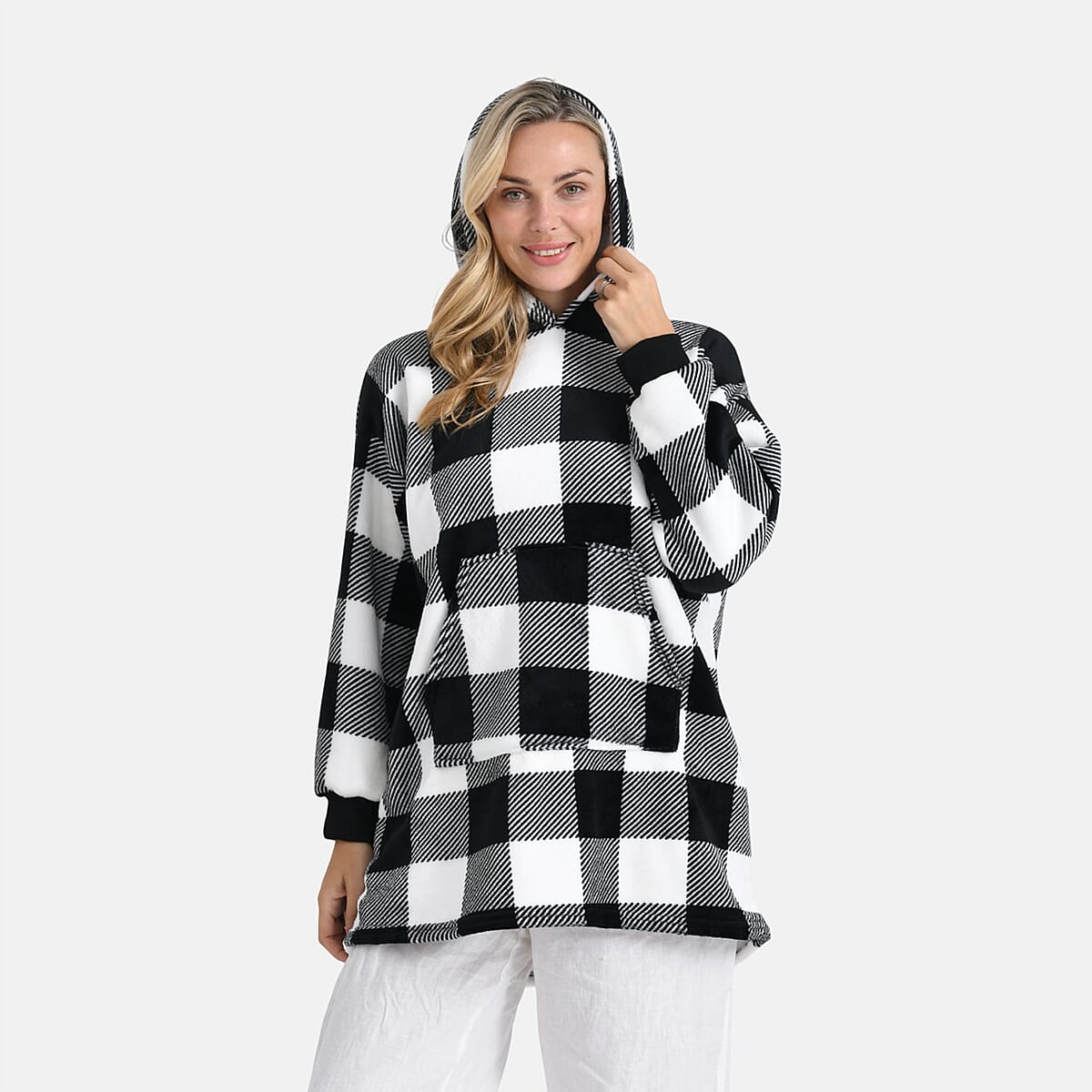 Tamsy Set of 2 Pink Solid and Black Plaid Pattern, Fleece Hoodie Sweater Blanket with Kangaroo Pocket image number 5