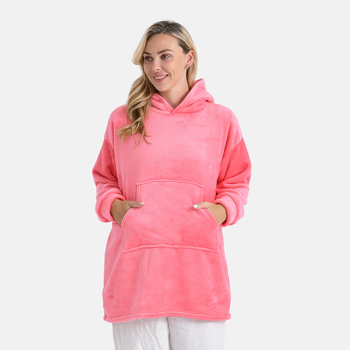 Tamsy Set of 2 Pink Solid and Black Plaid Pattern, Fleece Hoodie Sweater Blanket with Kangaroo Pocket image number 7